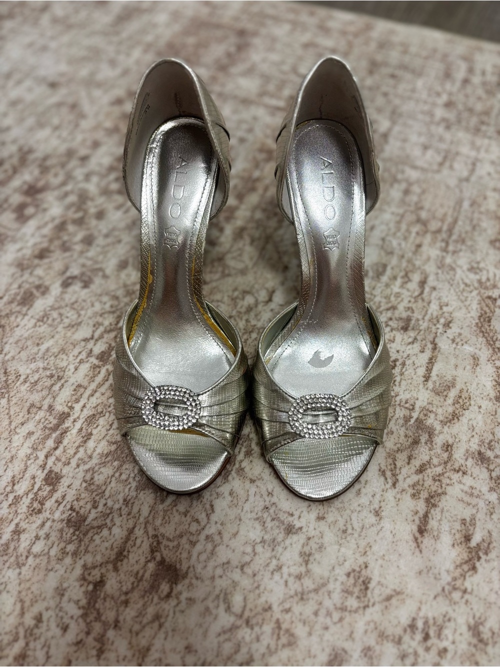 ALDO Metallic Silver Open-Toe D'Orsay Heels with Rhinestone Buckle